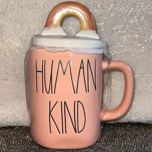 NWT RAE DUNN  "HUMAN KIND" Figural Mug with Rainbow Decorative Lid